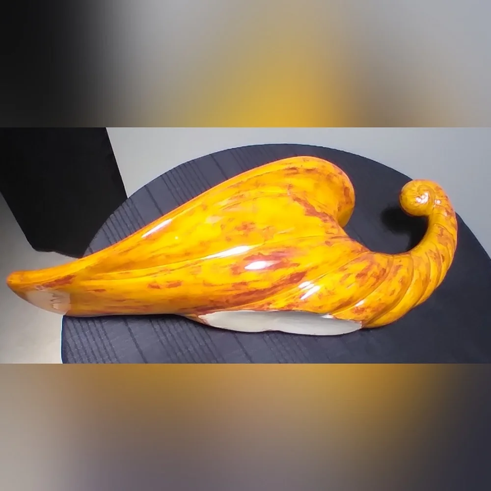 Vintage Large Orange with Burgundy Swirls Glazed Ceramic Pottery Cornucopia Horn